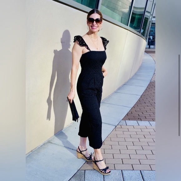 J Crew‎ Black Ruffle Jumpsuit Eyelet Sz 14 AP155 - Picture 1 of 7